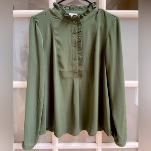 J Crew Dark Green Button Up Shirt with Ruffled Collar and Sleeves